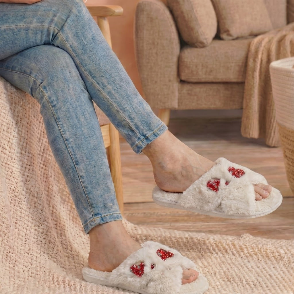 Kaylee Cream Luxury Plush Diamanté Embellished Handmade Slipper