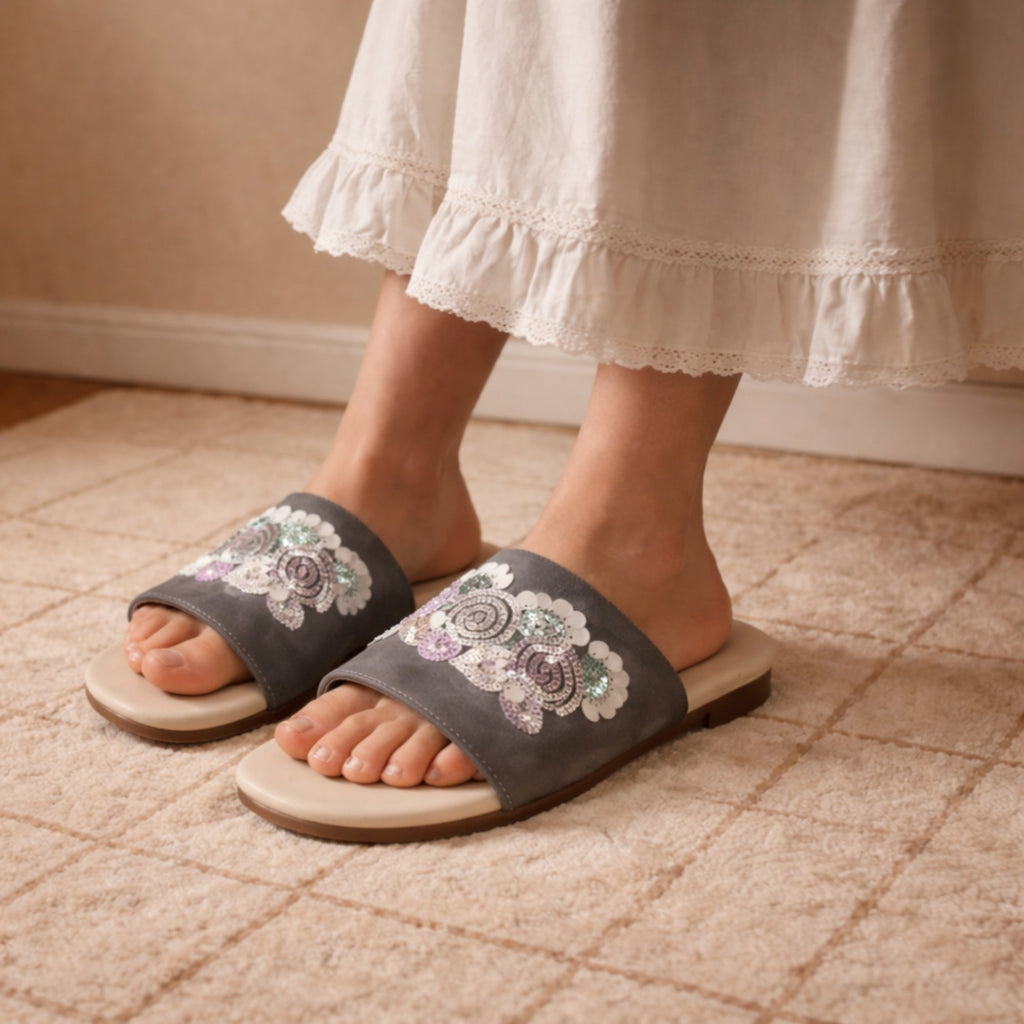 Sutton Grey Luxury Plush Diamanté Embellished Handmade Sliders