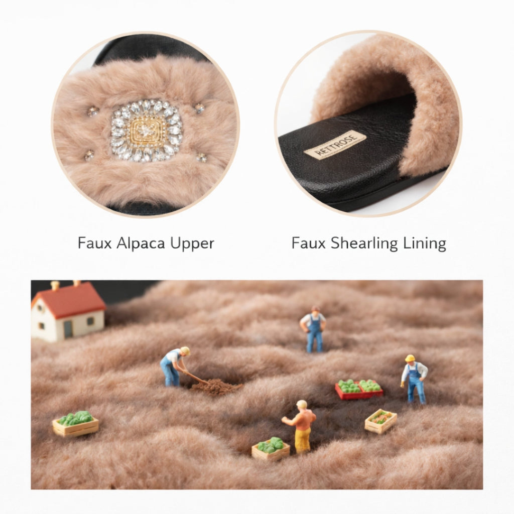 The Aubrey Mink Luxury Handmade Women’s Slippers – Faux Fur, Black & Beige, Diamanté Bow, Comfortable Rubber Sole with Excellent Grip