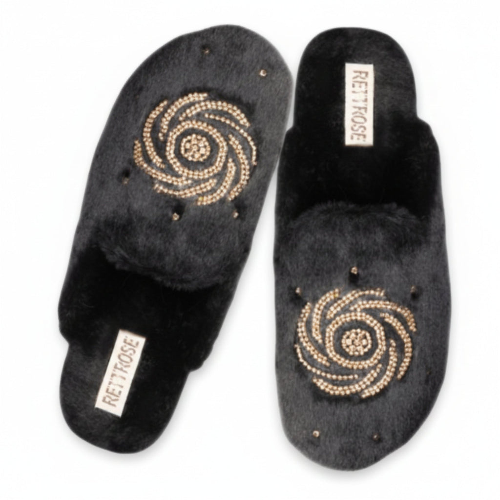Morgan Black Luxury Faux Fur Comfortable Diamanté Embellished Women’s Handmade Slippers