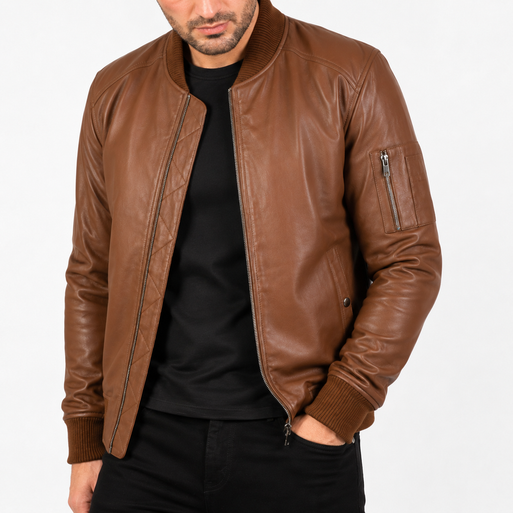Men’s Brown Leather Bomber Biker Jacket