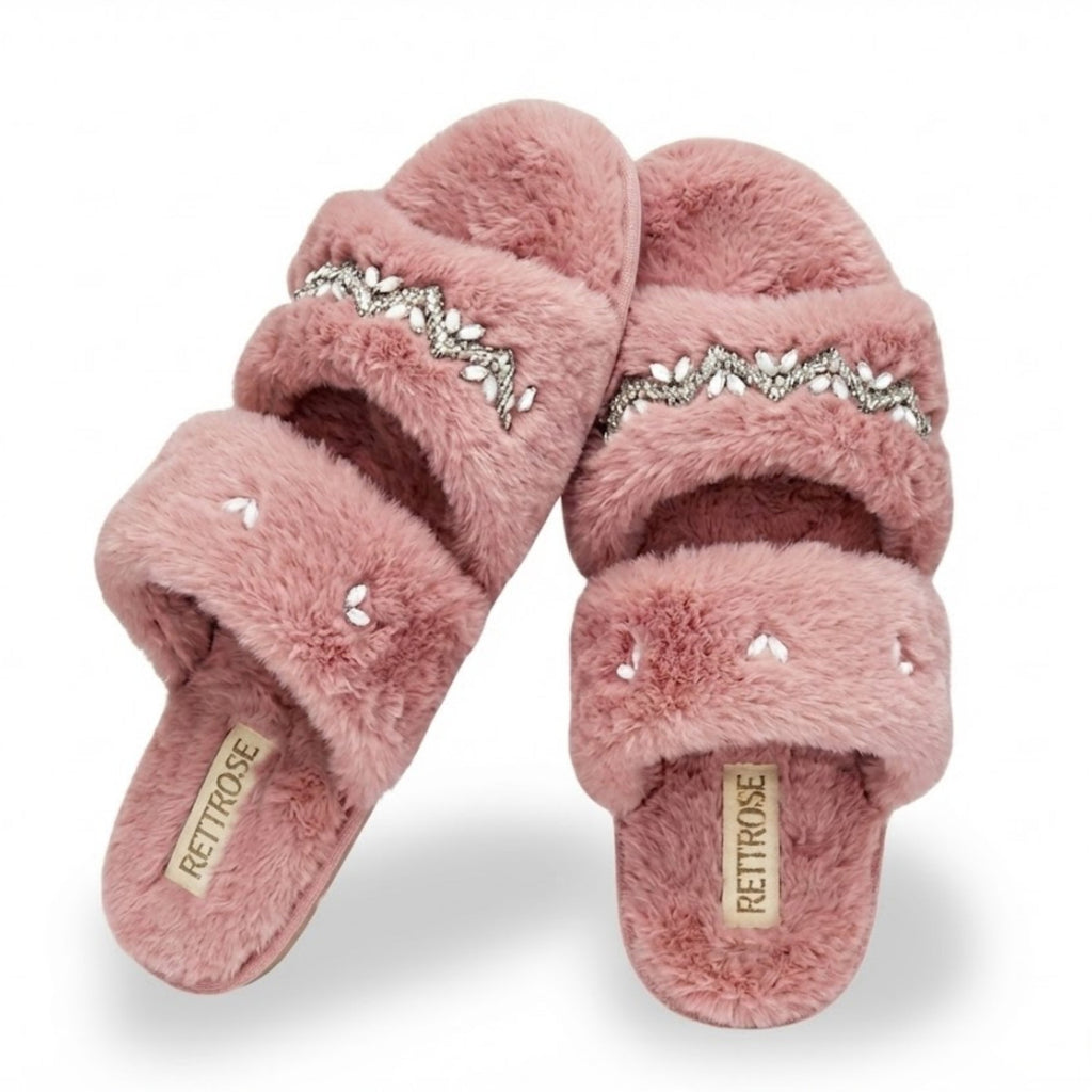 Abbie Dusky Pink Luxury Plush Diamanté Embellished Handmade Slipper