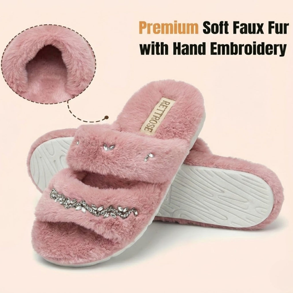 Abbie Dusky Pink Luxury Plush Diamanté Embellished Handmade Slipper