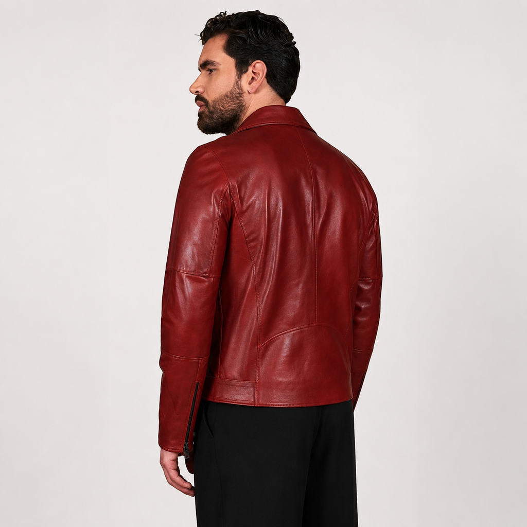Men’s Slim Fit Glossy Red USA Biker Leather Jacket
