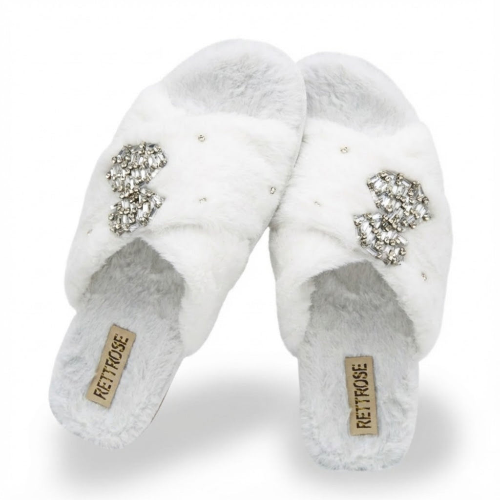 Fefe Cream Luxury Plush Diamanté Embellished Handmade Slipper
