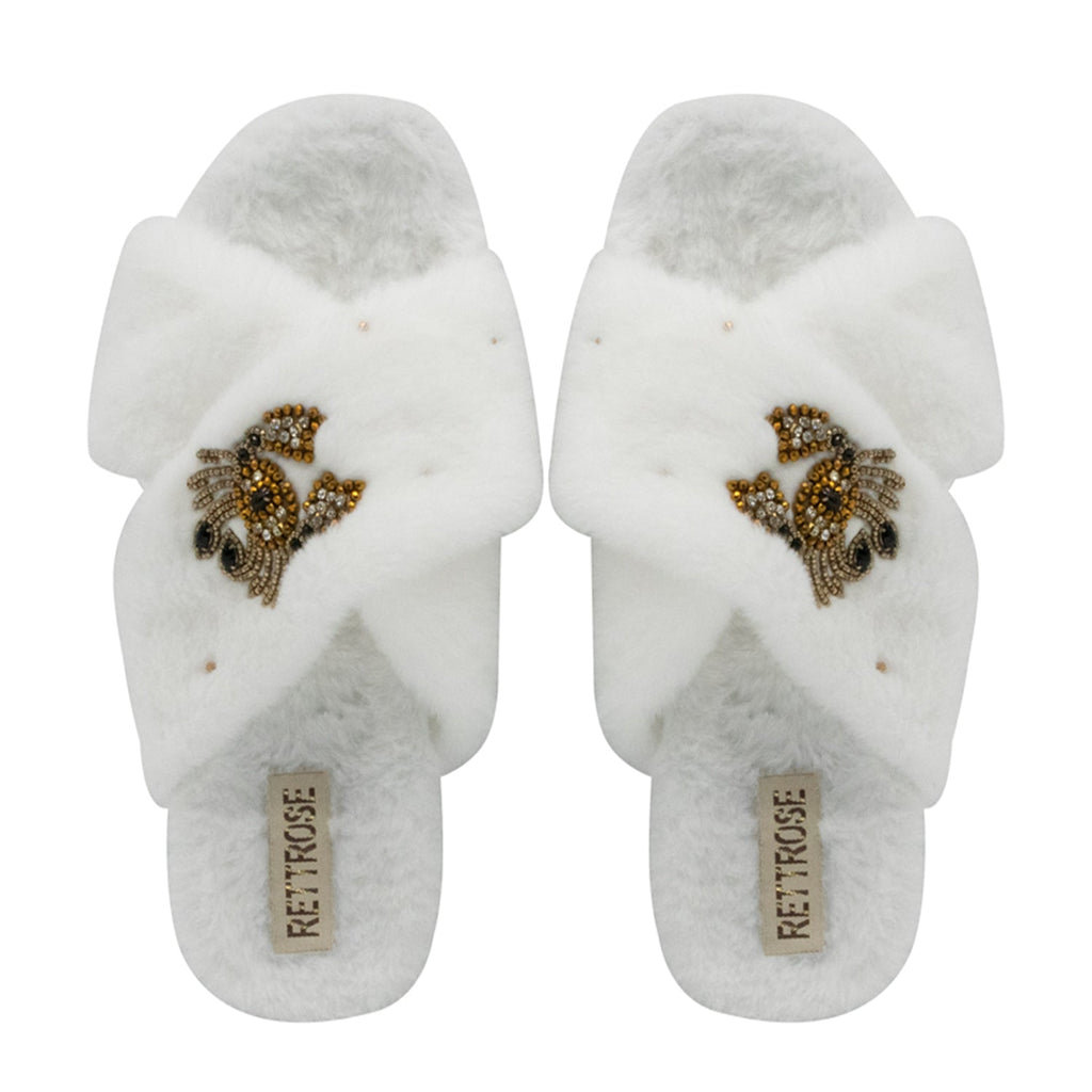 Sophie Women’s White Luxury Faux Fur Slippers – Handmade Plush Indoor Slippers with Diamanté Crab Embellishment | Elegant Cream-Colored Lounge Footwear