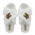 Sophie Women’s White Luxury Faux Fur Slippers – Handmade Plush Indoor Slippers with Diamanté Crab Embellishment | Elegant Cream-Colored Lounge Footwear