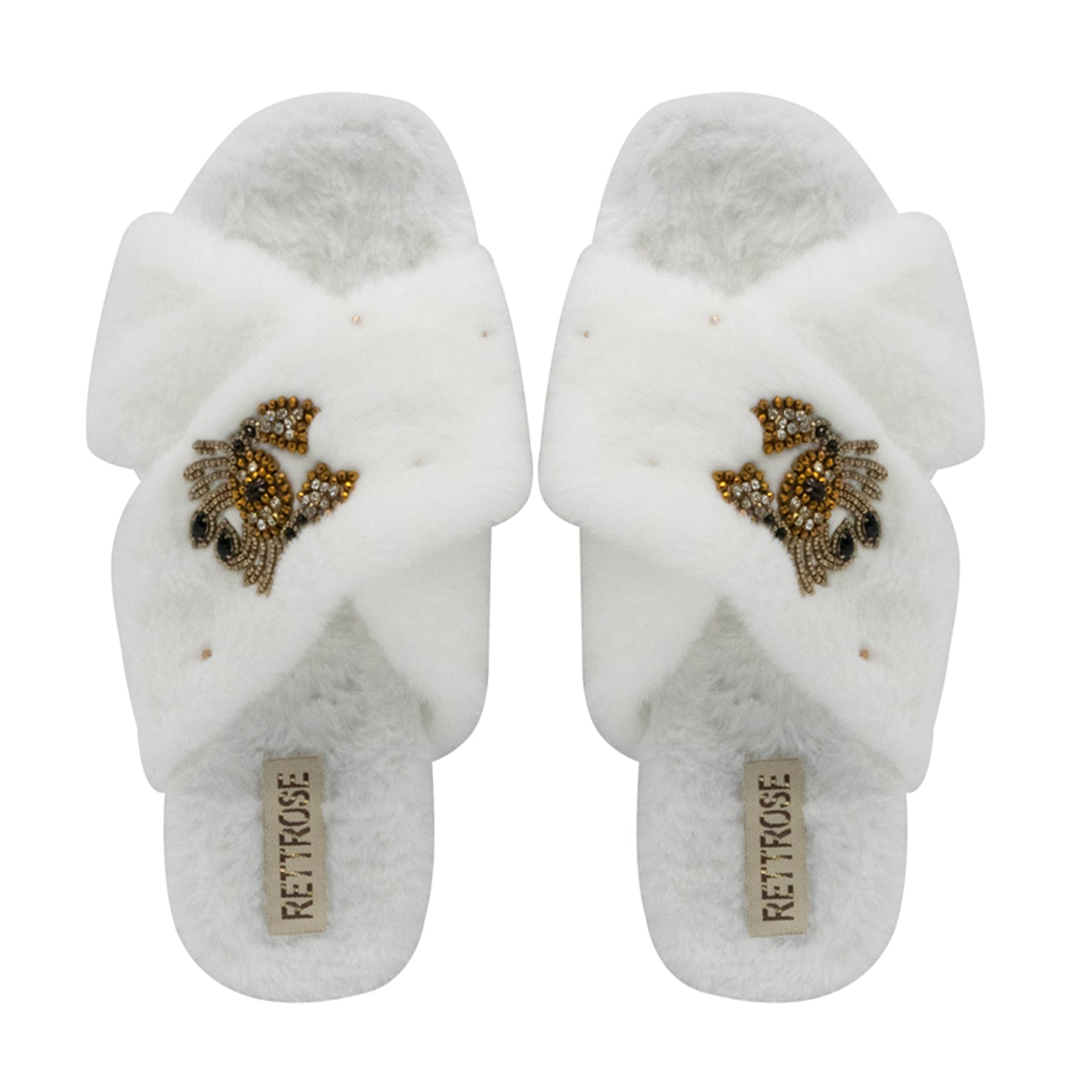 Sophie Women’s White Luxury Faux Fur Slippers – Handmade Plush Indoor Slippers with Diamanté Crab Embellishment | Elegant Cream-Colored Lounge Footwear