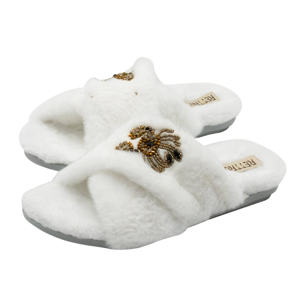 Sophie Women’s White Luxury Faux Fur Slippers – Handmade Plush Indoor Slippers with Diamanté Crab Embellishment | Elegant Cream-Colored Lounge Footwear