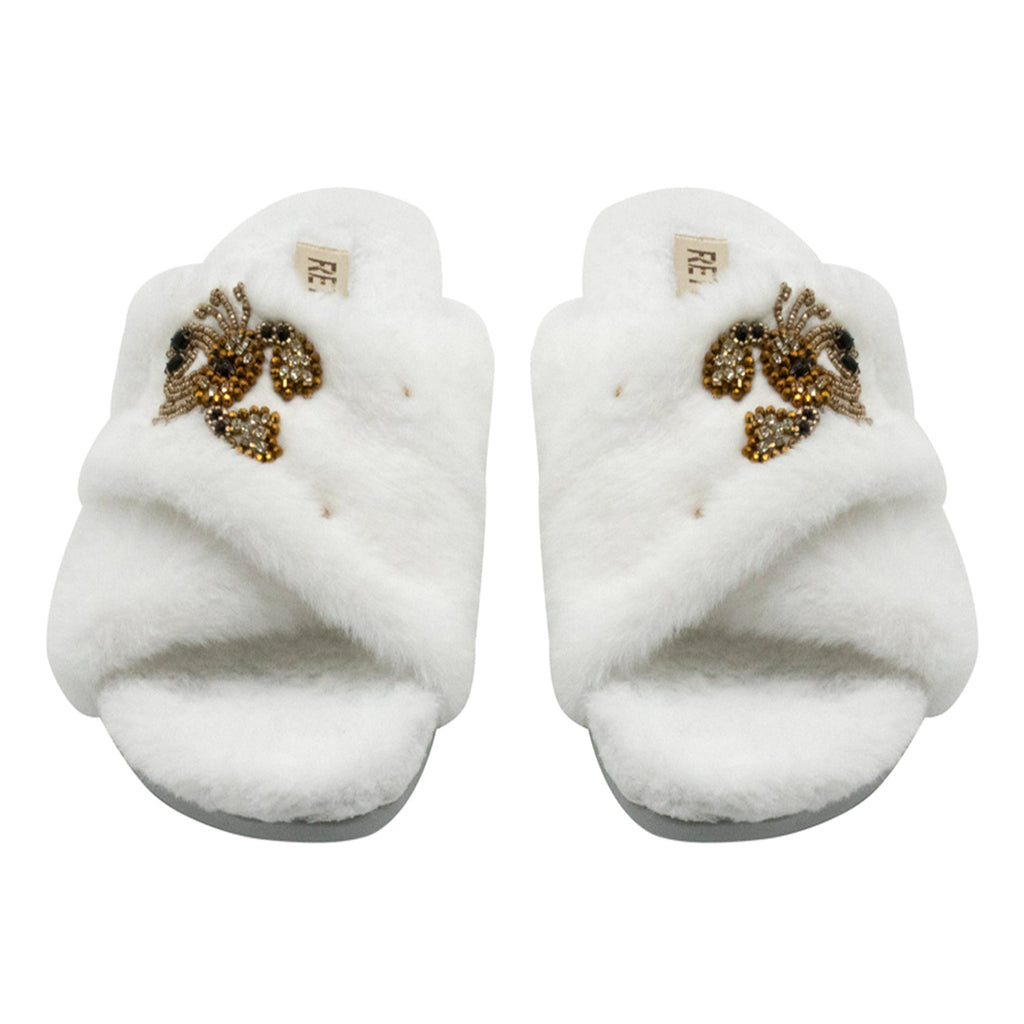Sophie Women’s White Luxury Faux Fur Slippers – Handmade Plush Indoor Slippers with Diamanté Crab Embellishment | Elegant Cream-Colored Lounge Footwear