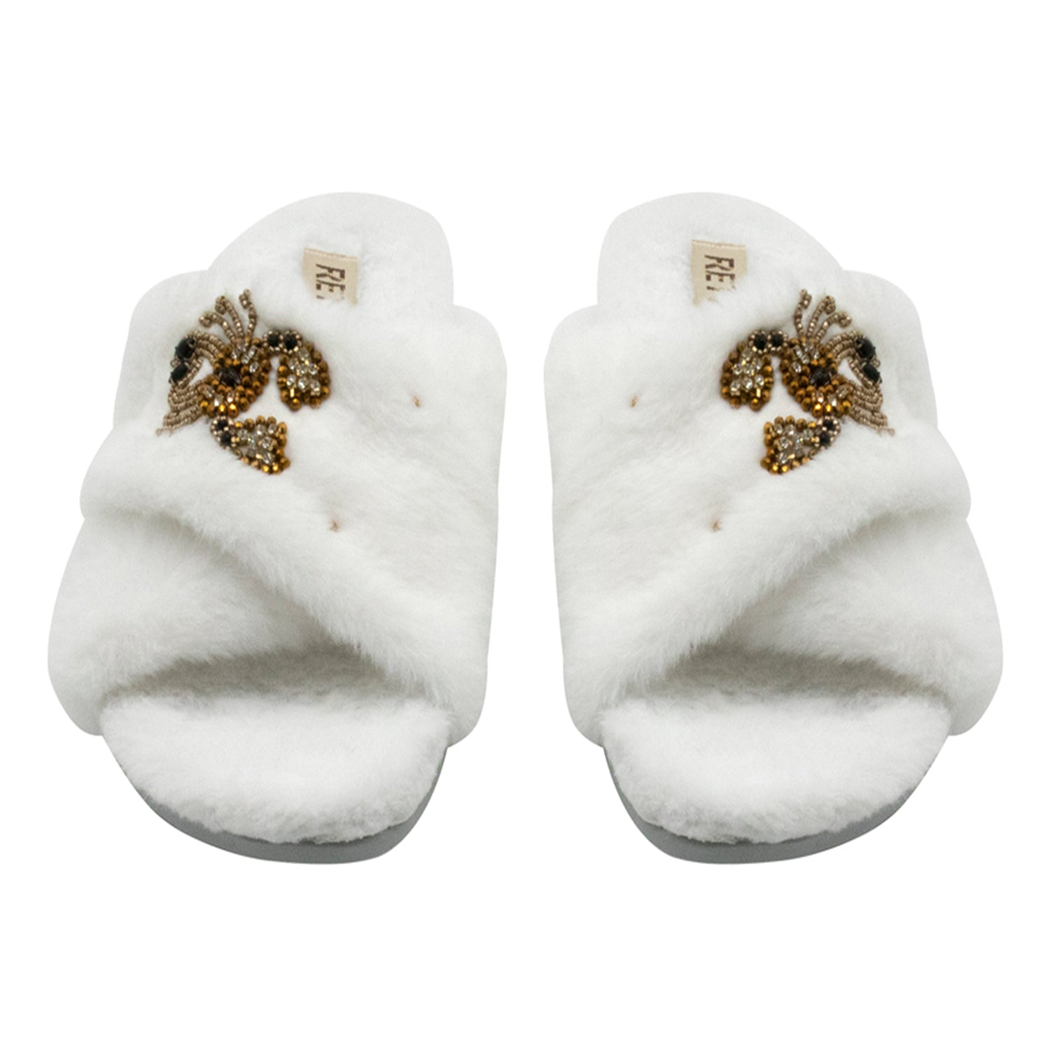 Sophie Women’s White Luxury Faux Fur Slippers – Handmade Plush Indoor Slippers with Diamanté Crab Embellishment | Elegant Cream-Colored Lounge Footwear