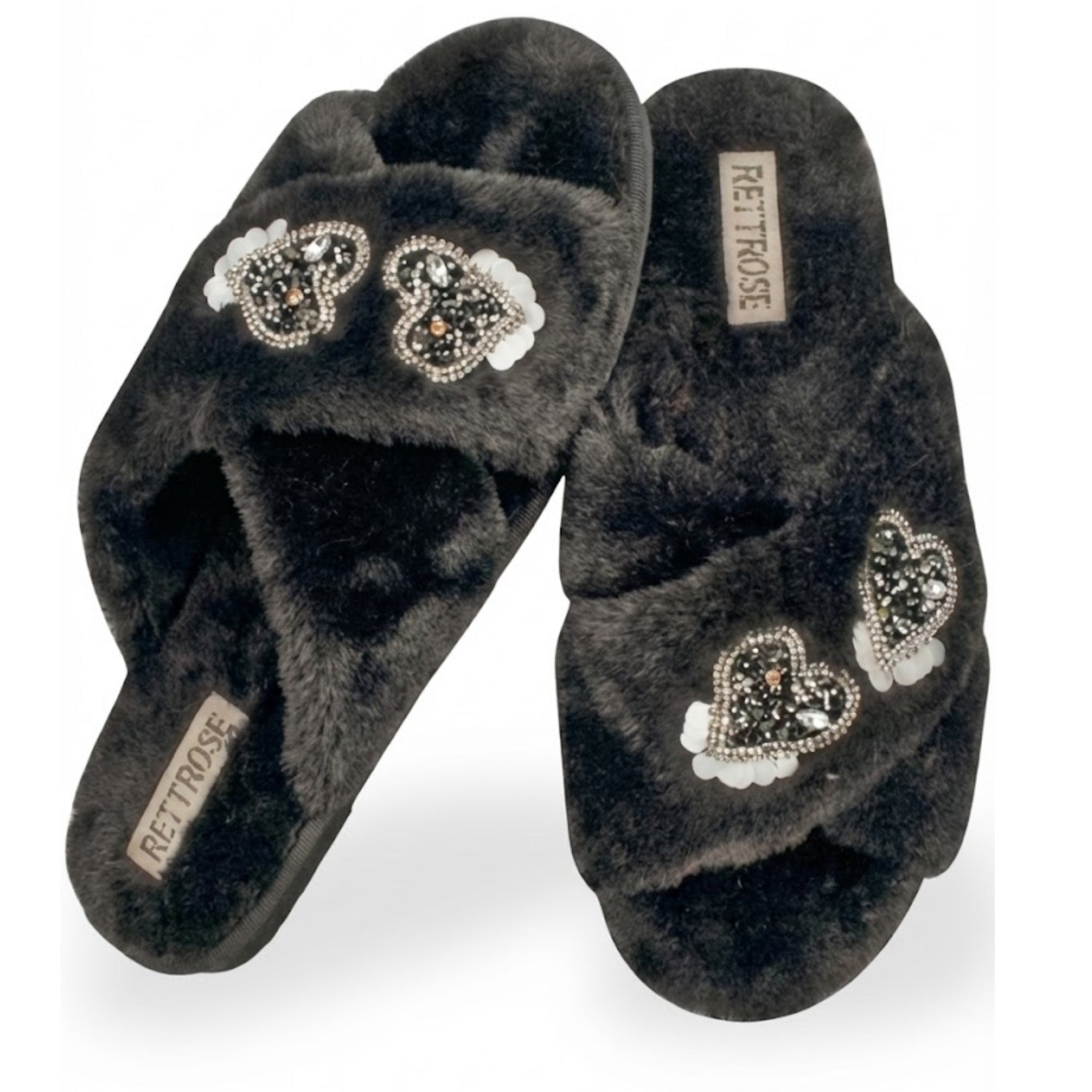 Katie Black Luxury Plush Diamanté Heart Embellished Handmade Slipper