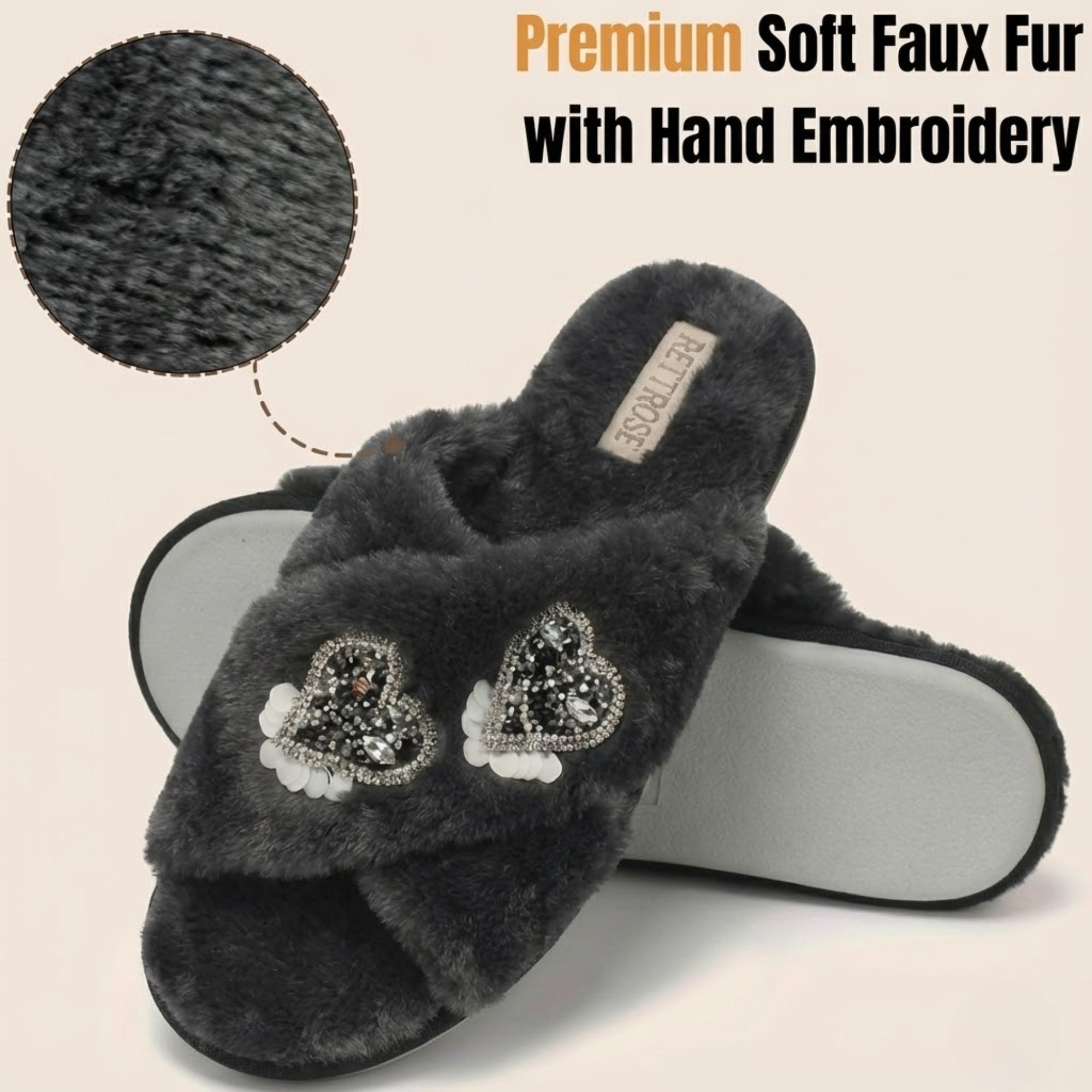 Katie Black Luxury Plush Diamanté Heart Embellished Handmade Slipper