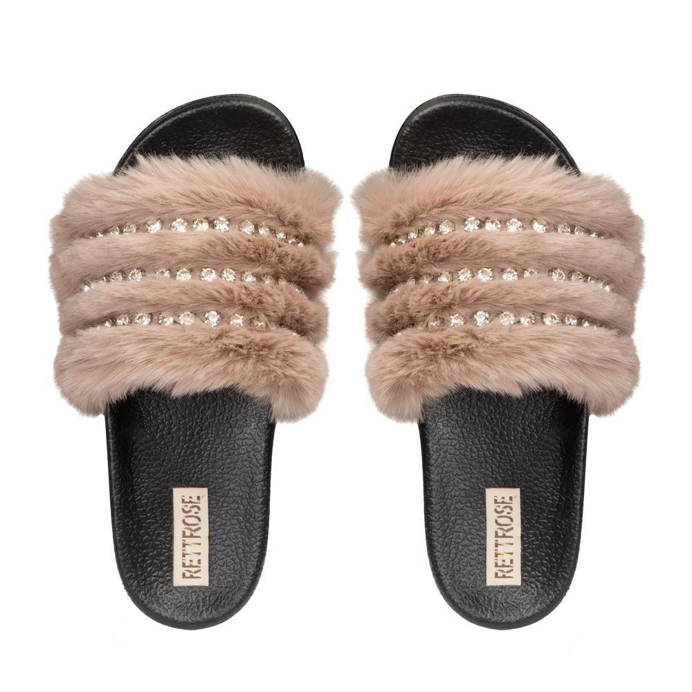 Anita Mink Women’s Luxury Sliders – Hand Embellished Faux Fur Sliders with Black Sole & Beige Faux Fur, Diamanté Details