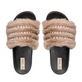 Anita Mink Women’s Luxury Sliders – Hand Embellished Faux Fur Sliders with Black Sole & Beige Faux Fur, Diamanté Details