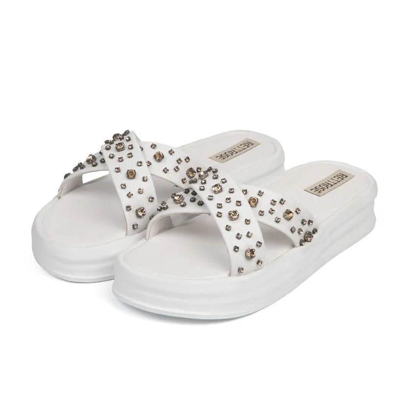 The Aurora White Luxury Cross Over Embellished Slides