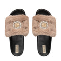 The Aubrey Mink Luxury Handmade Women’s Slippers – Faux Fur, Black & Beige, Diamanté Bow, Comfortable Rubber Sole with Excellent Grip