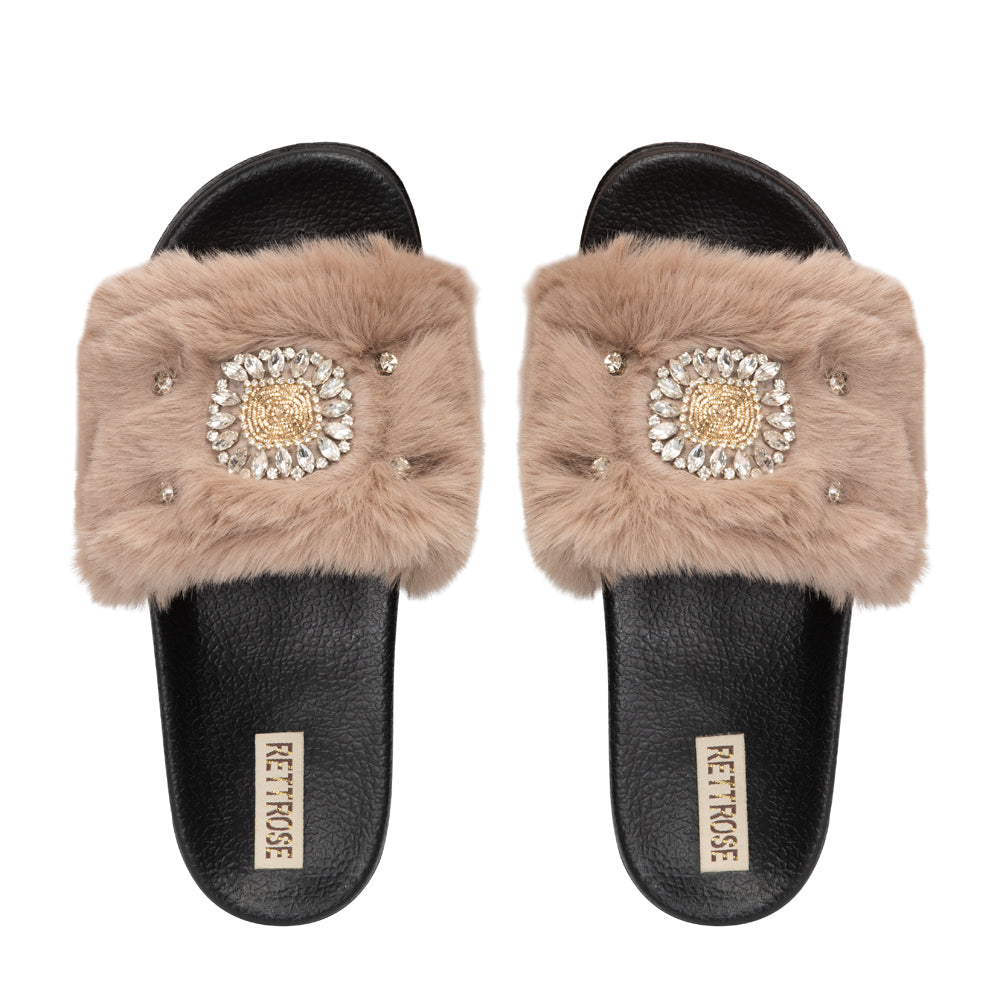 The Aubrey Mink Luxury Handmade Women’s Slippers – Faux Fur, Black & Beige, Diamanté Bow, Comfortable Rubber Sole with Excellent Grip