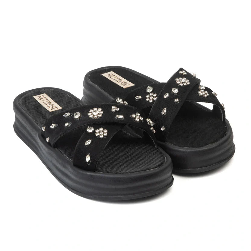 The Giana Black Luxury Cross Over Embellished Slides