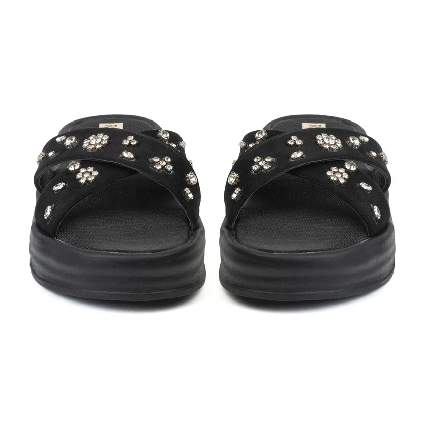 The Giana Black Luxury Cross Over Embellished Slides