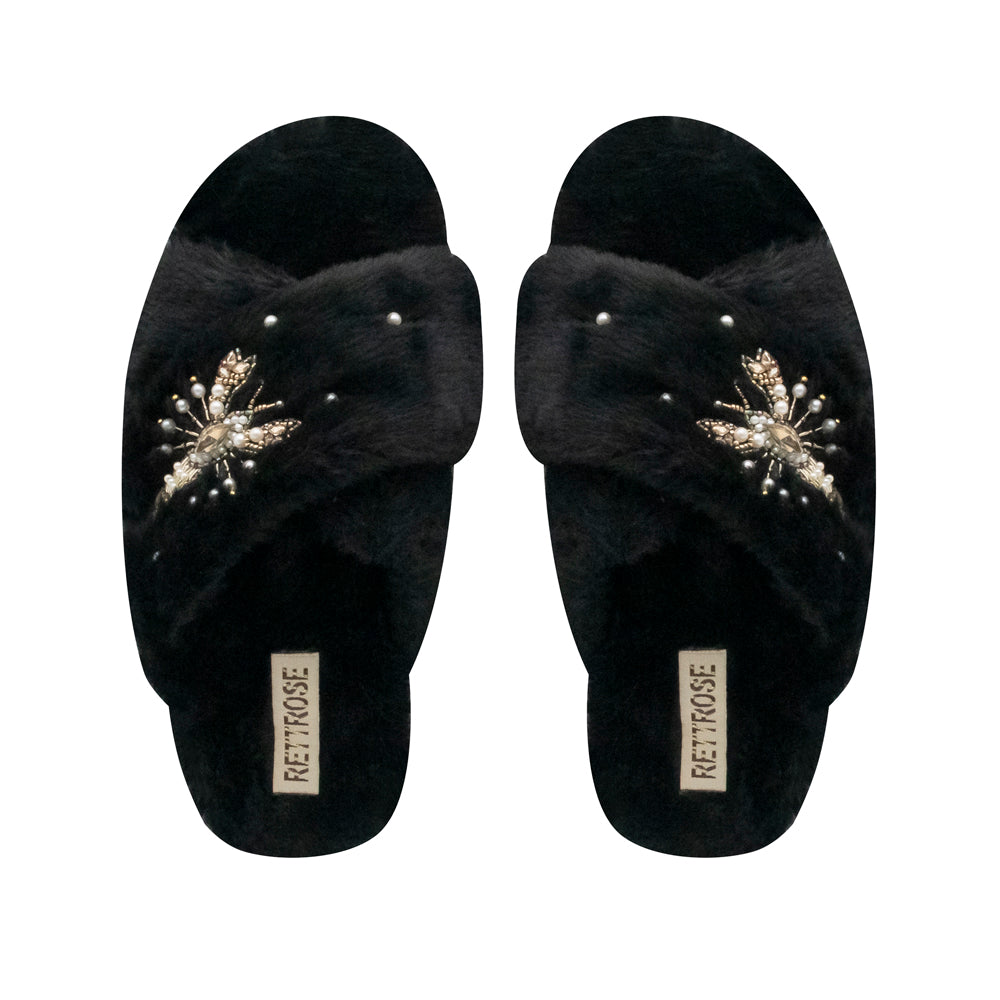 The Anastasia Black Luxury Handmade Women’s Slippers – Faux Fur, Diamanté Bow, Comfortable Rubber Sole, Excellent Grip