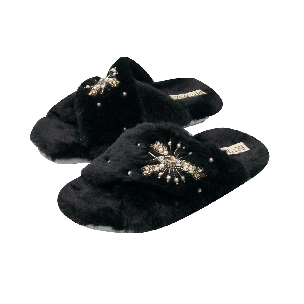 The Anastasia Black Luxury Handmade Women’s Slippers – Faux Fur, Diamanté Bow, Comfortable Rubber Sole, Excellent Grip