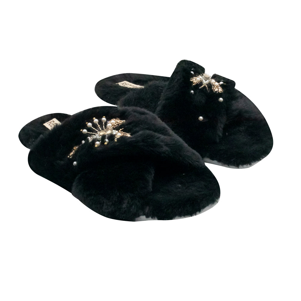 The Anastasia Black Luxury Handmade Women’s Slippers – Faux Fur, Diamanté Bow, Comfortable Rubber Sole, Excellent Grip