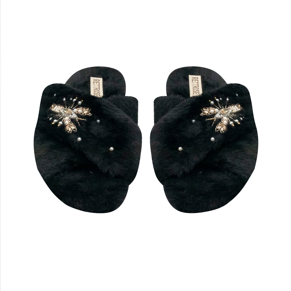 The Anastasia Black Luxury Handmade Women’s Slippers – Faux Fur, Diamanté Bow, Comfortable Rubber Sole, Excellent Grip