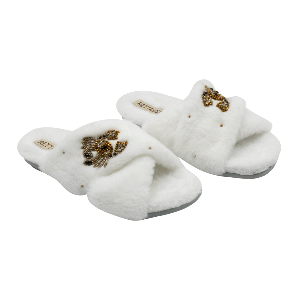 Sophie Women’s White Luxury Faux Fur Slippers – Handmade Plush Indoor Slippers with Diamanté Crab Embellishment | Elegant Cream-Colored Lounge Footwear