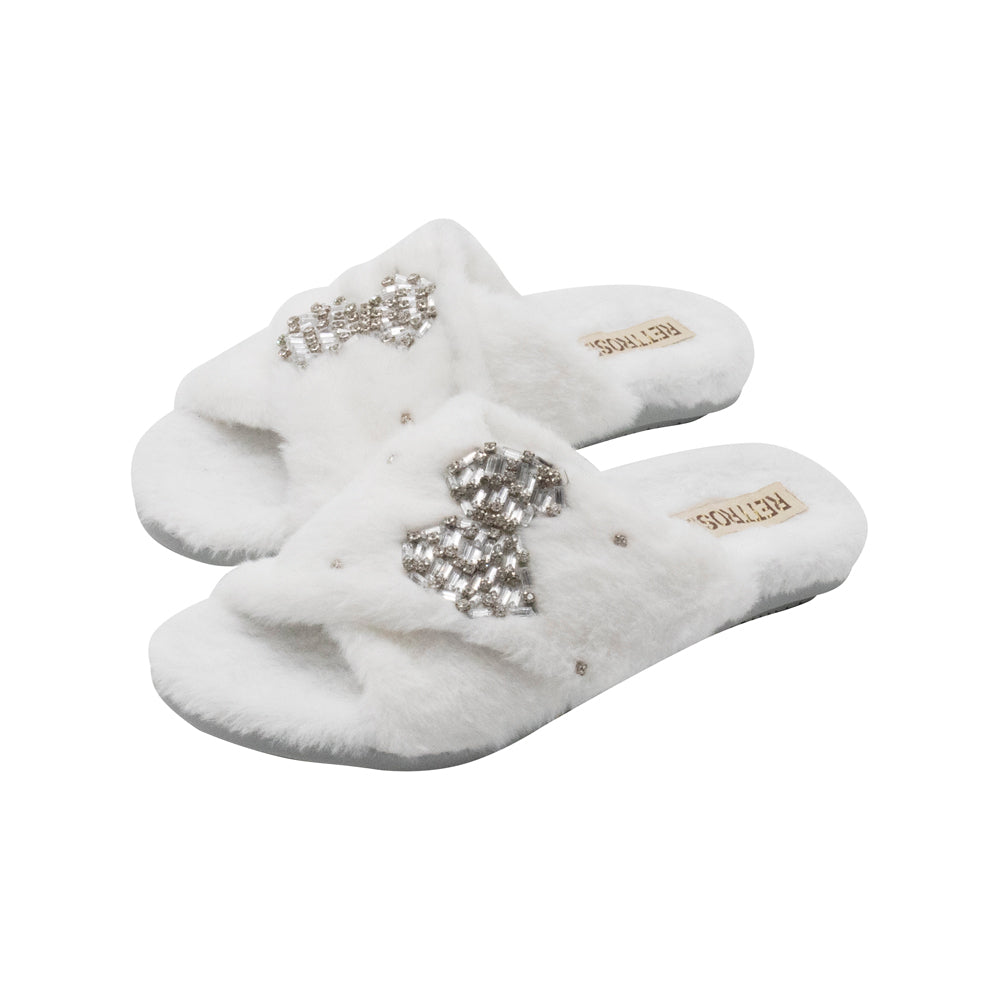 Fefe Cream Luxury Plush Diamanté Embellished Handmade Slipper