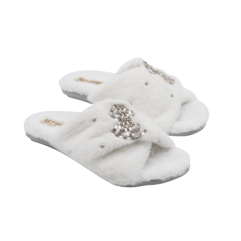 Fefe Cream Luxury Plush Diamanté Embellished Handmade Slipper
