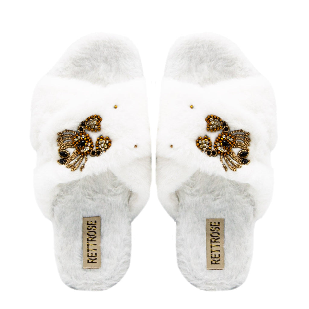 Sophie Women’s White Luxury Faux Fur Slippers – Handmade Plush Indoor Slippers with Diamanté Crab Embellishment | Elegant Cream-Colored Lounge Footwear