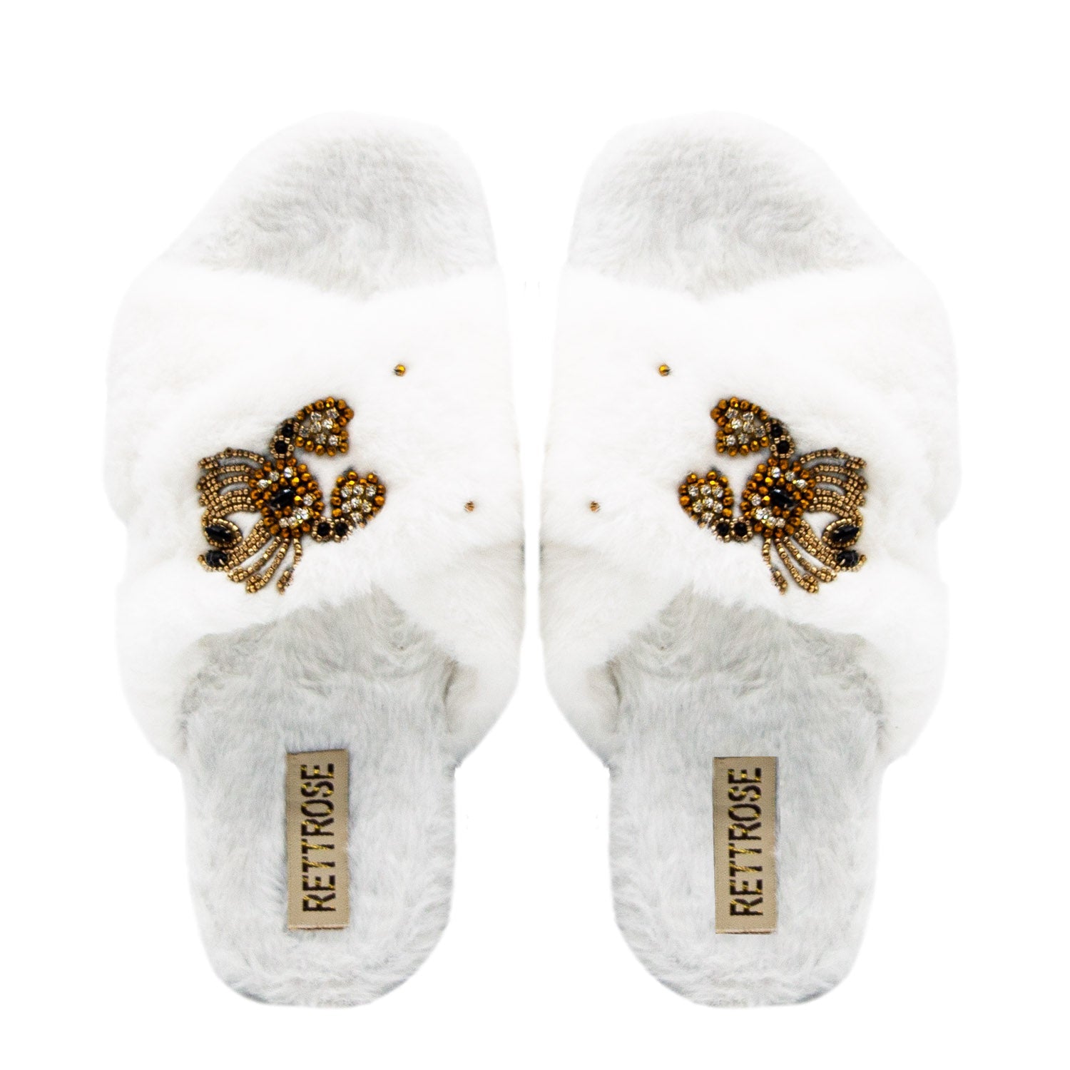 Sophie Women’s White Luxury Faux Fur Slippers – Handmade Plush Indoor Slippers with Diamanté Crab Embellishment | Elegant Cream-Colored Lounge Footwear