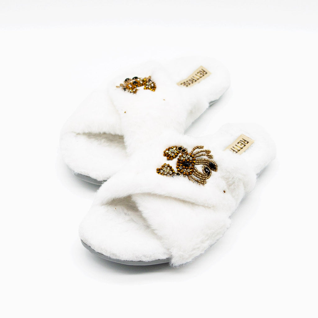 Sophie Women’s White Luxury Faux Fur Slippers – Handmade Plush Indoor Slippers with Diamanté Crab Embellishment | Elegant Cream-Colored Lounge Footwear