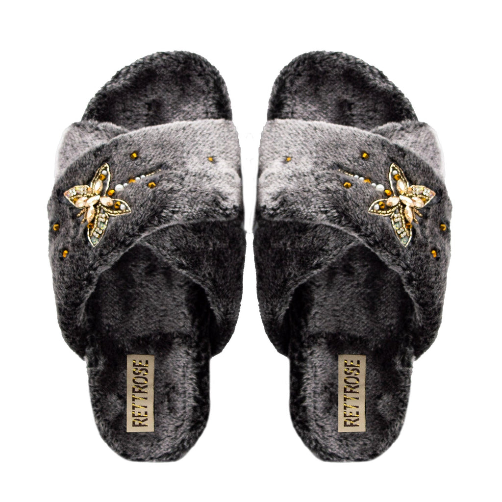 Sofia Charcoal Luxury Plush Diamanté Embellished Handmade Slipper