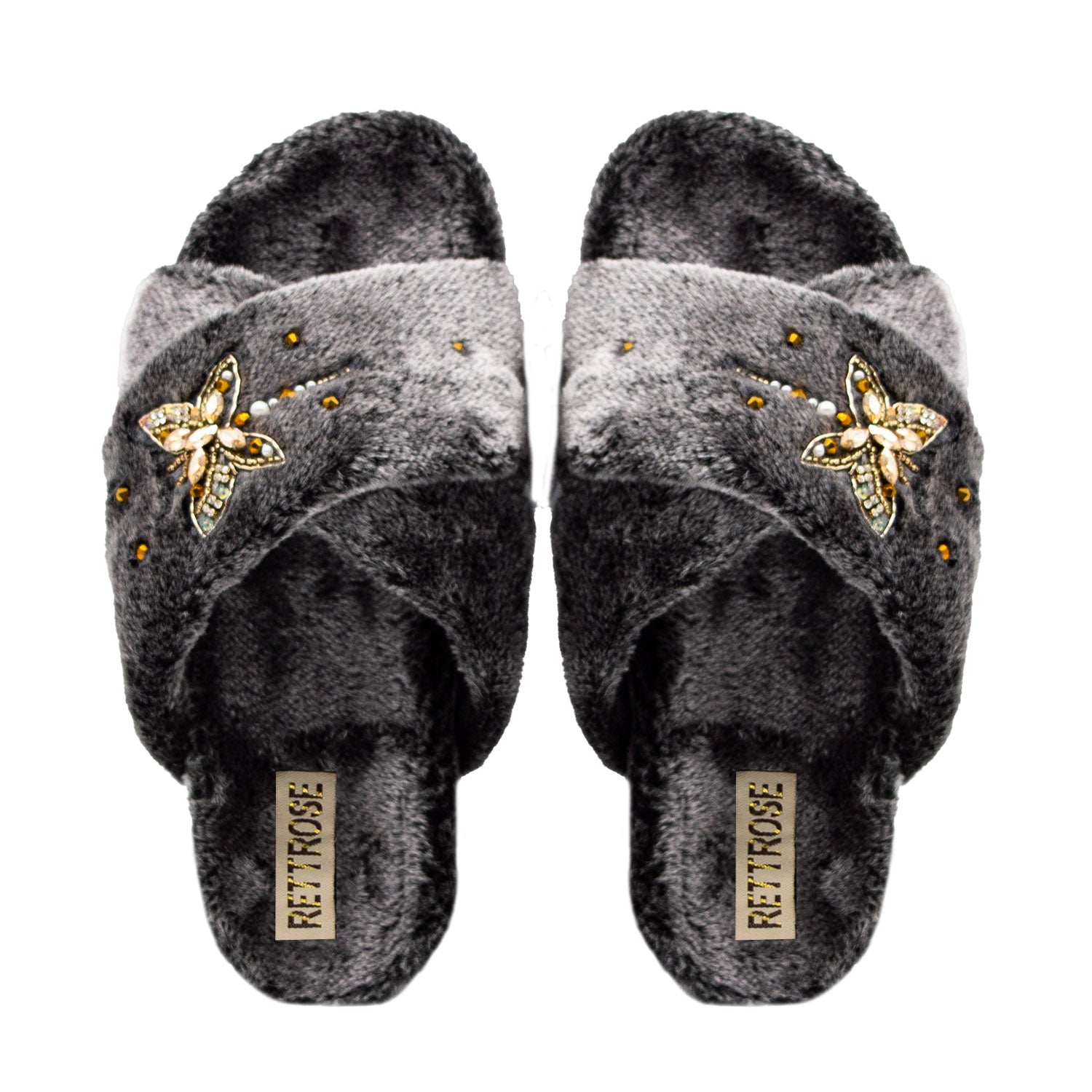 Sofia Charcoal Luxury Plush Diamanté Embellished Handmade Slipper