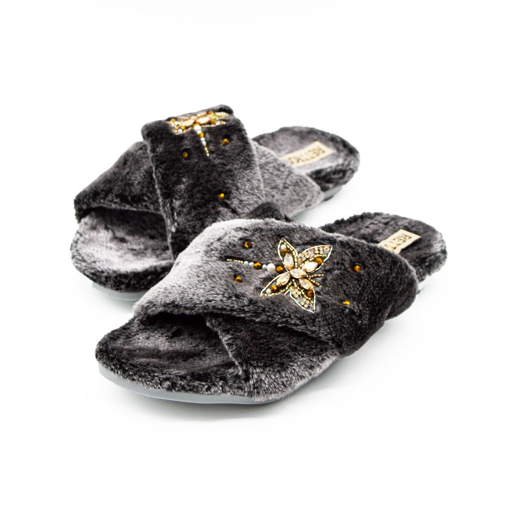 Sofia Charcoal Luxury Plush Diamanté Embellished Handmade Slipper
