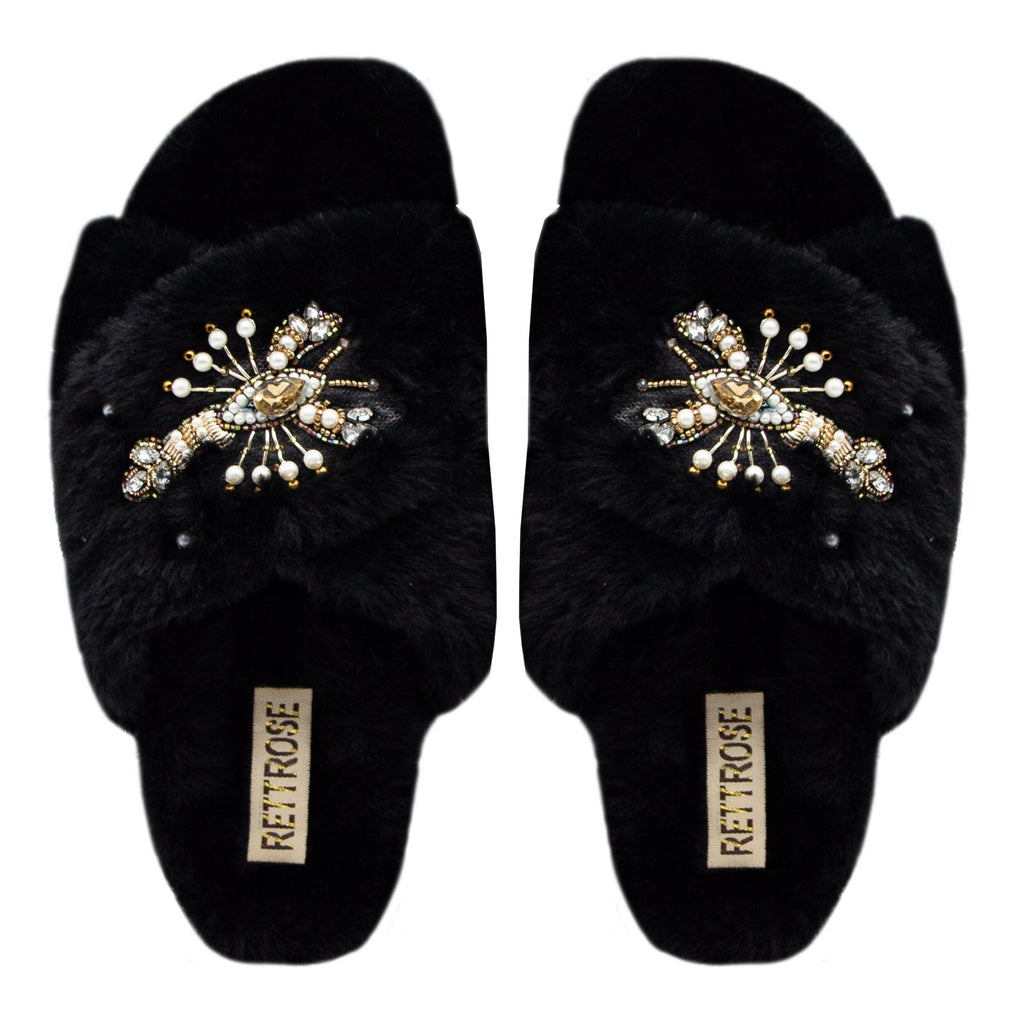 The Anastasia Black Luxury Handmade Women’s Slippers – Faux Fur, Diamanté Bow, Comfortable Rubber Sole, Excellent Grip