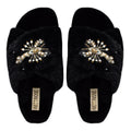 The Anastasia Black Luxury Handmade Women’s Slippers – Faux Fur, Diamanté Bow, Comfortable Rubber Sole, Excellent Grip