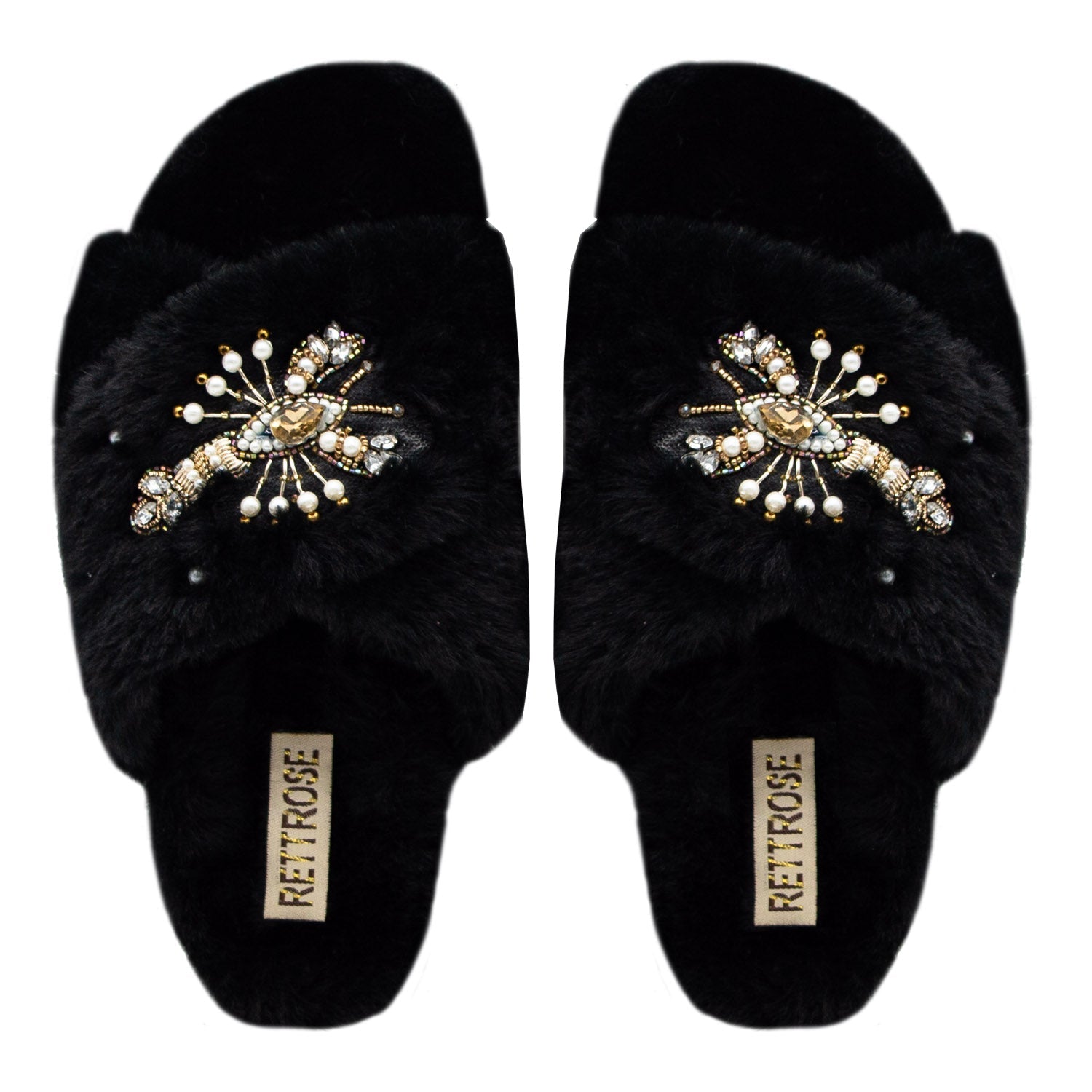 The Anastasia Black Luxury Handmade Women’s Slippers – Faux Fur, Diamanté Bow, Comfortable Rubber Sole, Excellent Grip