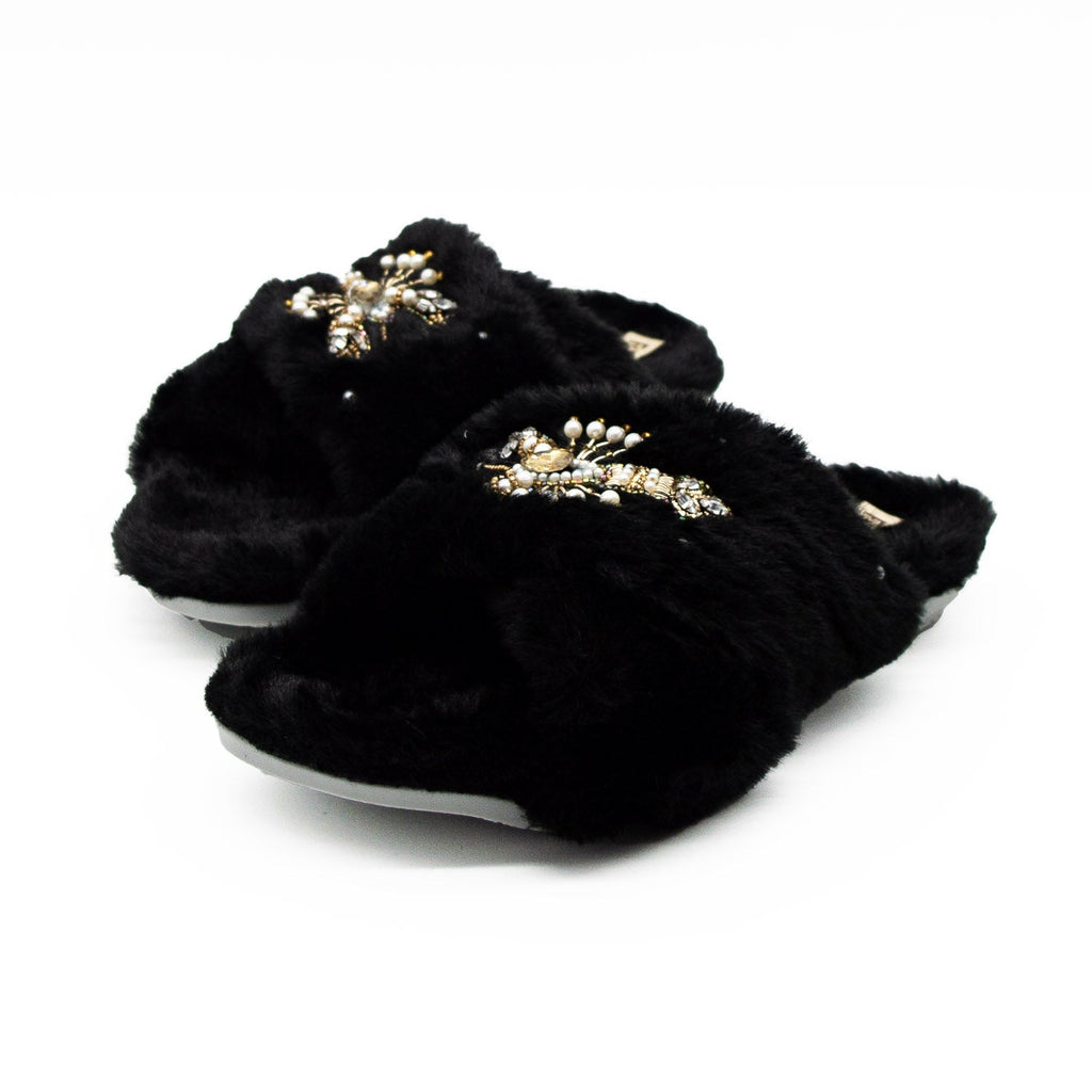 The Anastasia Black Luxury Handmade Women’s Slippers – Faux Fur, Diamanté Bow, Comfortable Rubber Sole, Excellent Grip
