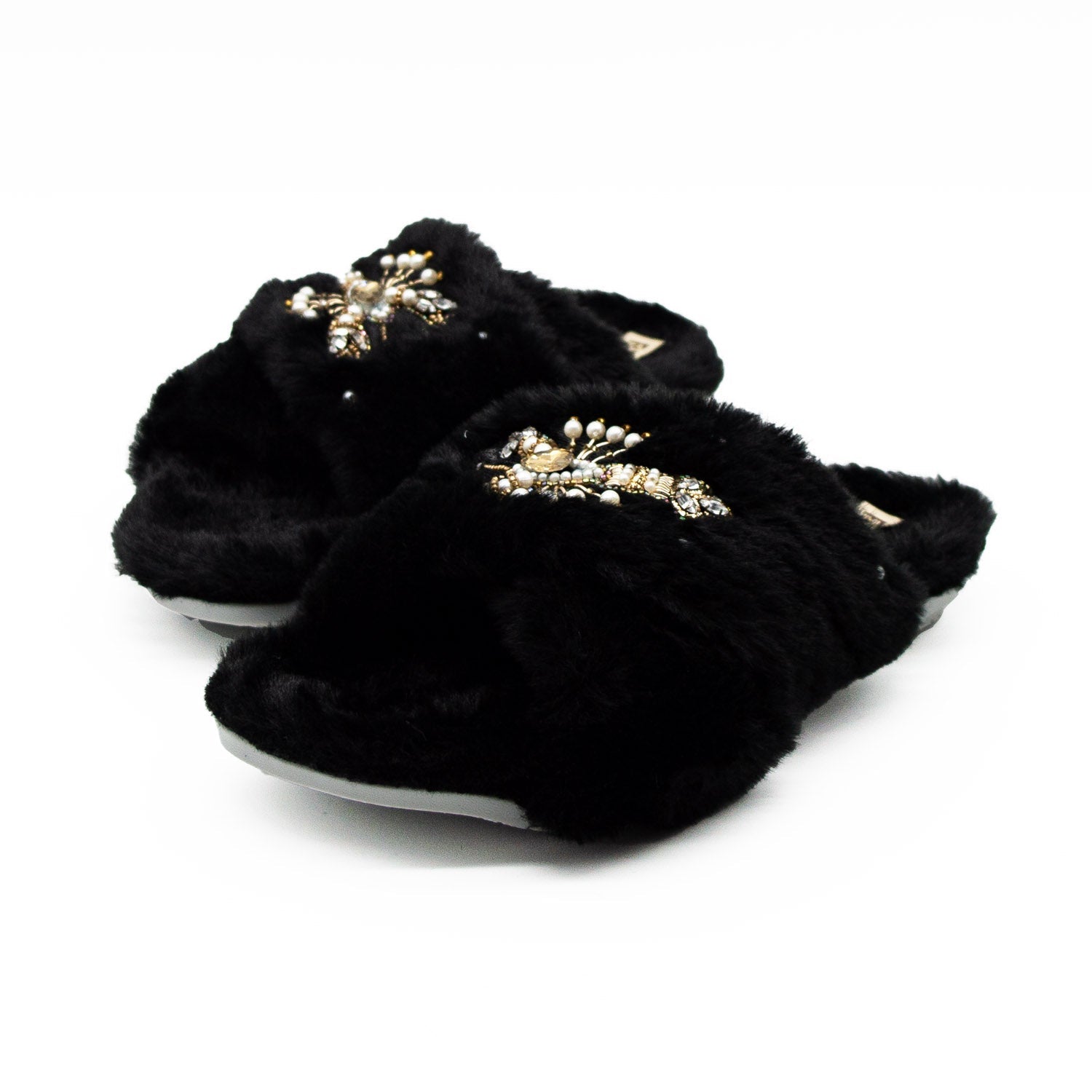 The Anastasia Black Luxury Handmade Women’s Slippers – Faux Fur, Diamanté Bow, Comfortable Rubber Sole, Excellent Grip
