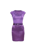 Violet Cowl Neck Satin Short Sleeve Belted Mini Dress
