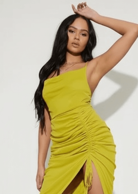 Lime Cowl Neck Midi Slit Dress Adjustable Ruched Detail