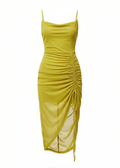 Lime Cowl Neck Midi Slit Dress Adjustable Ruched Detail