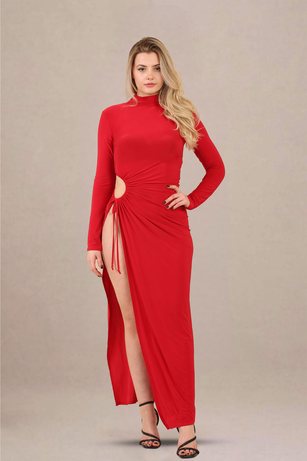 Red Ruched Cut-Out High Neck Thigh Slit Maxi Dress