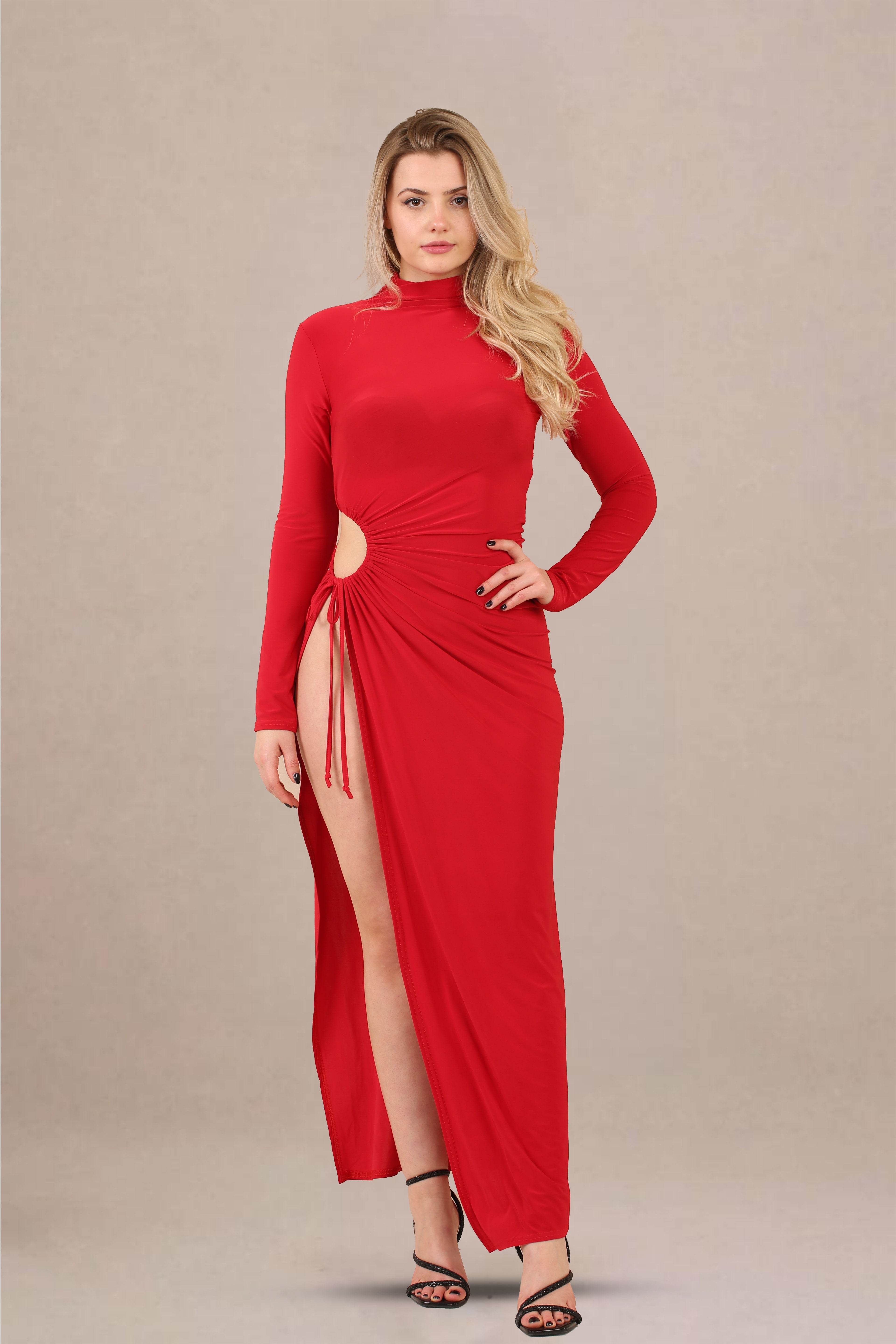 Red Ruched Cut-Out High Neck Thigh Slit Maxi Dress