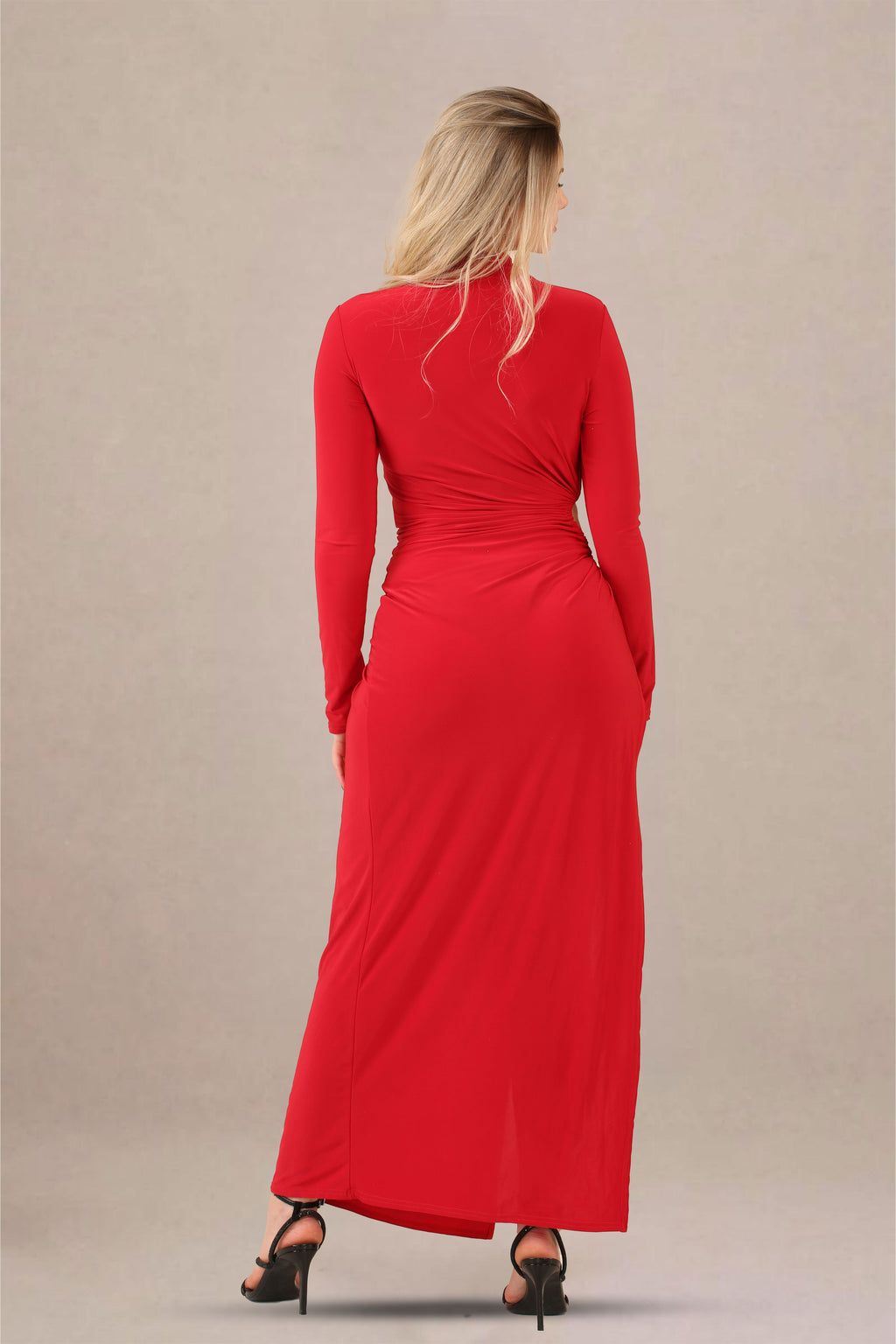 Red Ruched Cut-Out High Neck Thigh Slit Maxi Dress